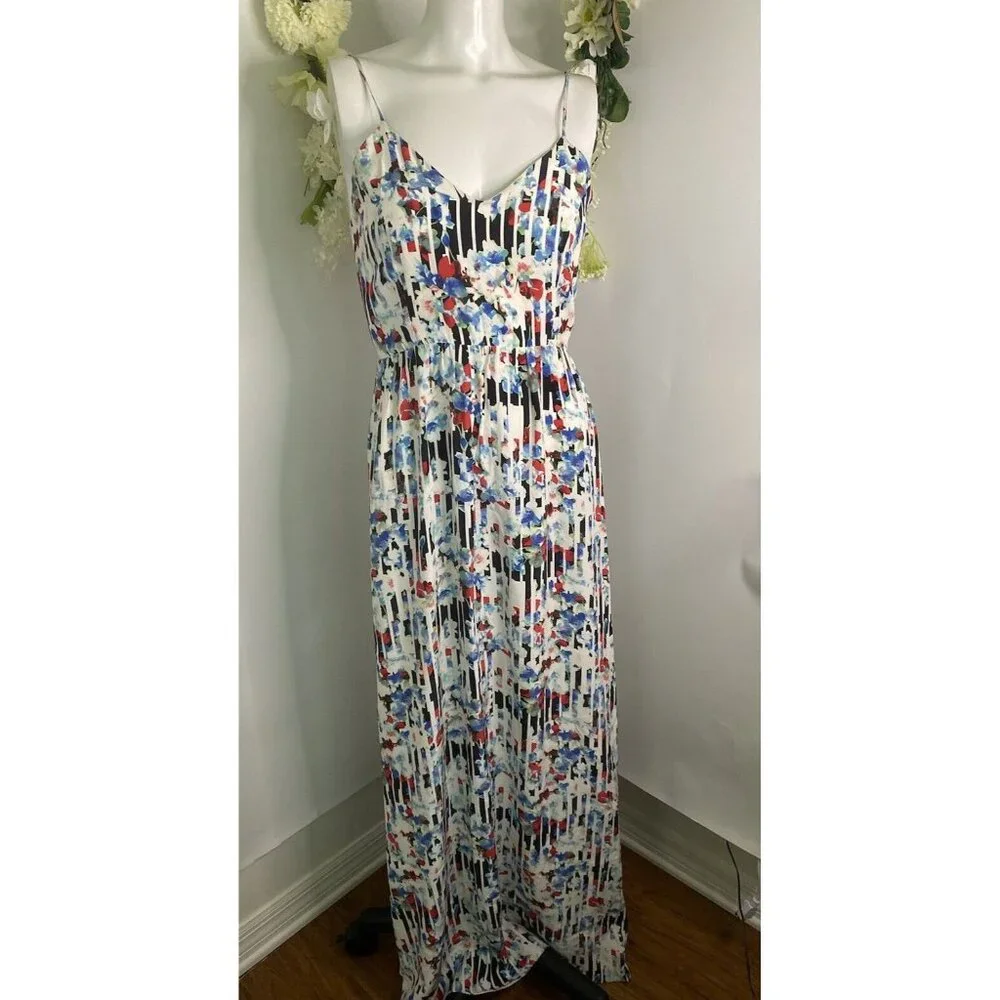 Parker Womens Silky Floral‎ Print Maxi Dress White Multi Size Extra Small EUC